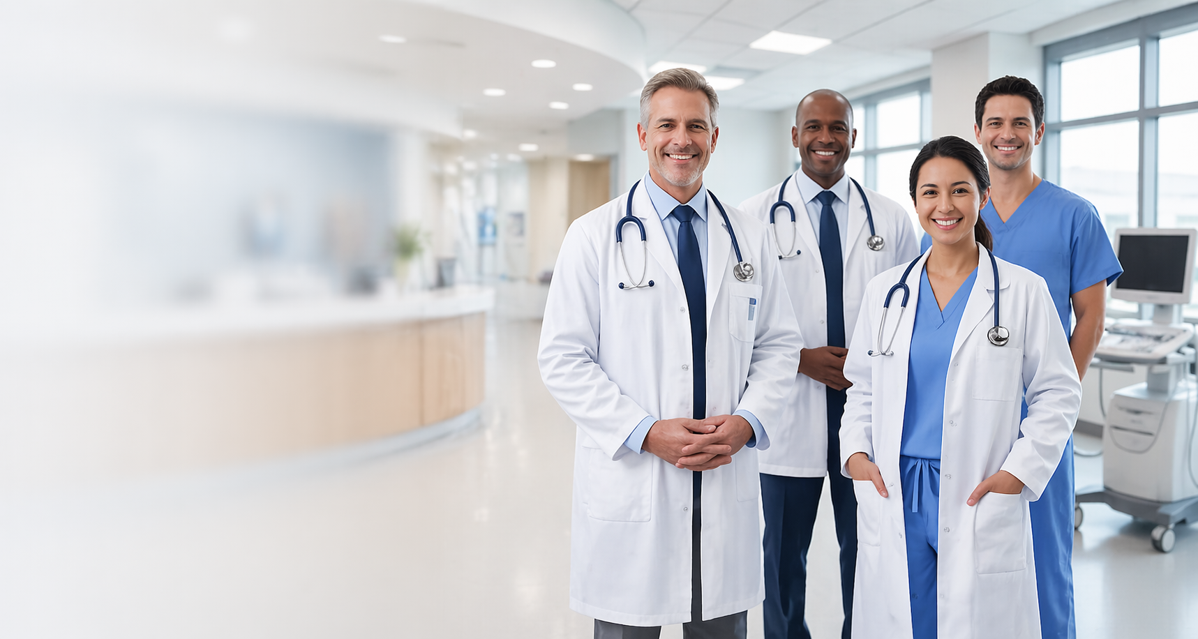 Medical team standing in a bright clinic